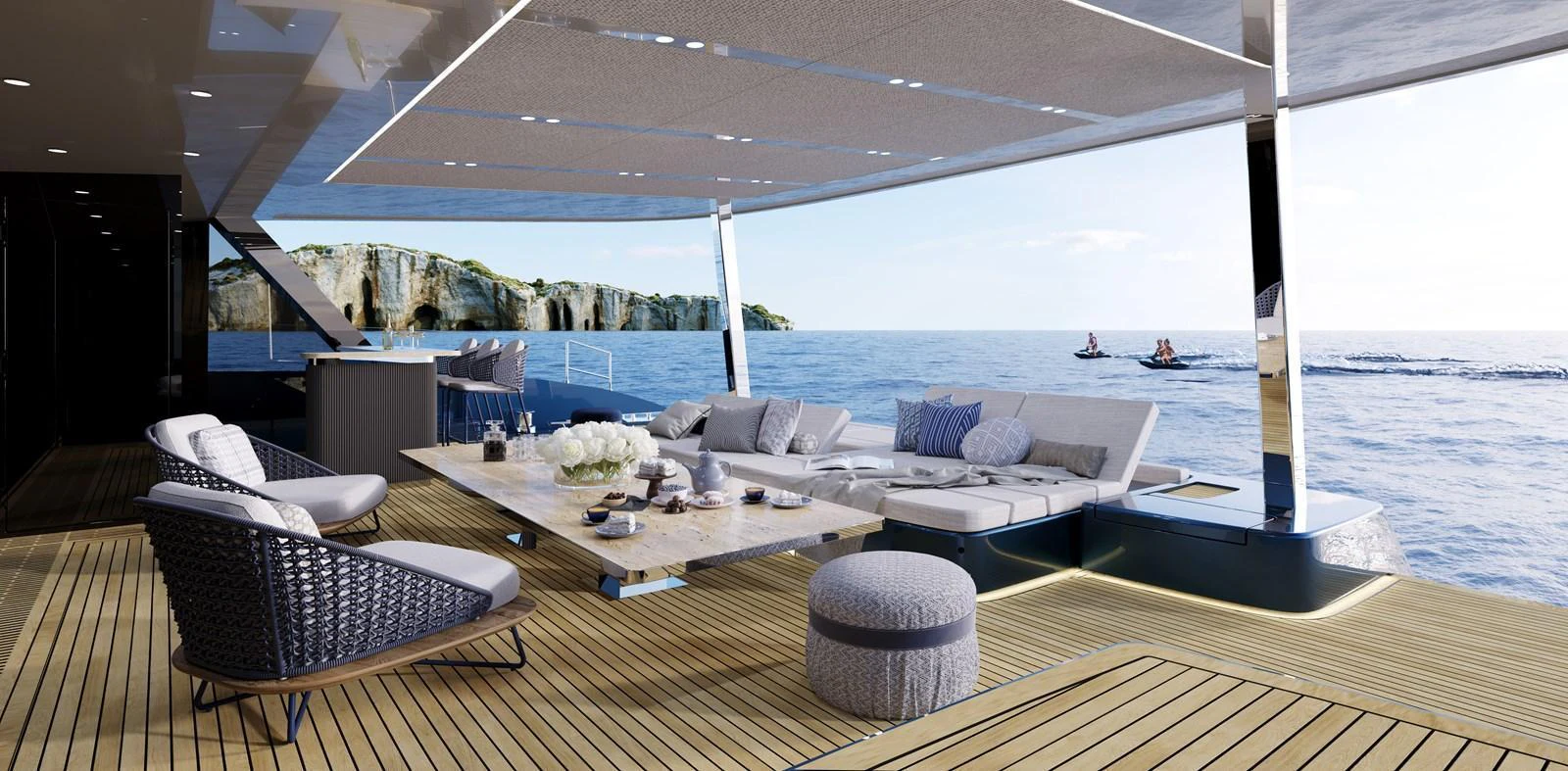 The aft deck offers a luxurious lounging area with stunning ocean views. aboard SUNREEF 100 NEXT Yacht for Sale
