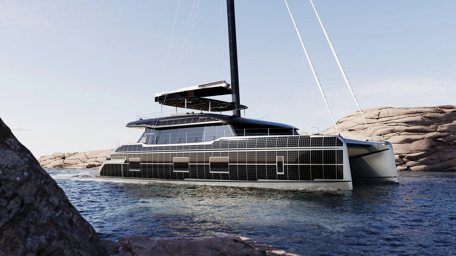 A sleek, modern yacht with solar panels glides through a rocky coastal area. aboard SUNREEF 100 NEXT Yacht for Sale