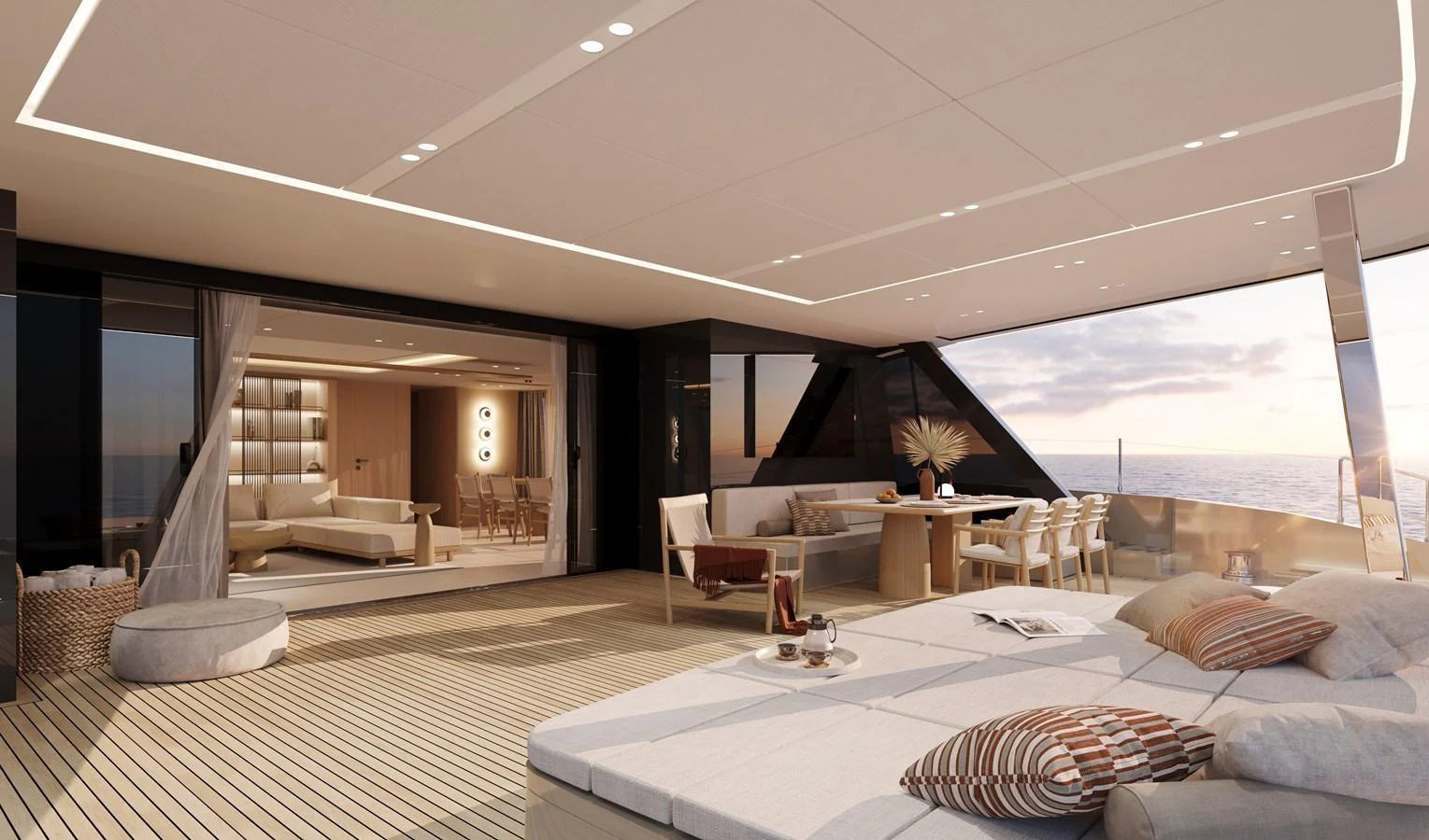 The aft deck features a luxurious lounging area with plush seating and a seamless transition to the interior living space. aboard SUNREEF 100 NEXT Yacht for Sale