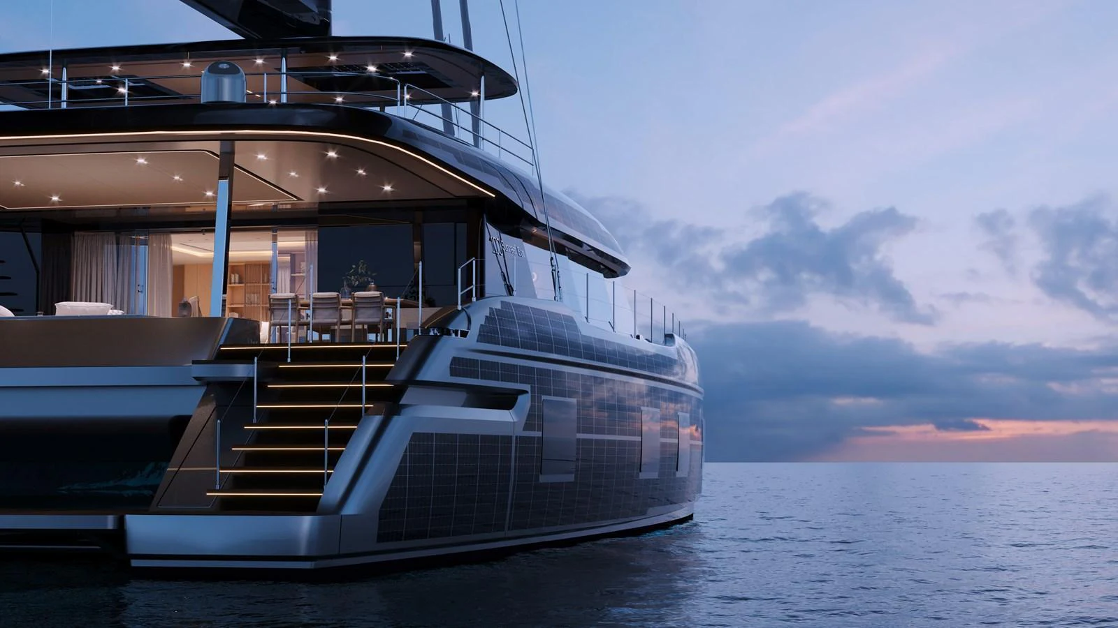 The yacht's aft deck is beautifully illuminated against a serene sunset backdrop. aboard SUNREEF 100 NEXT Yacht for Sale