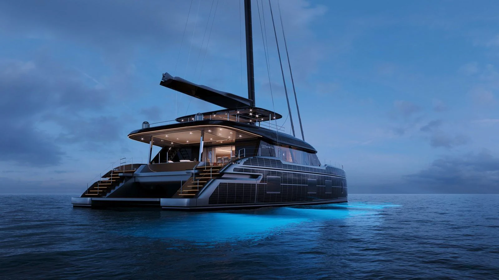 A luxurious yacht with elegant lighting and sleek design is seen on calm waters at dusk. aboard SUNREEF 100 NEXT Yacht for Sale