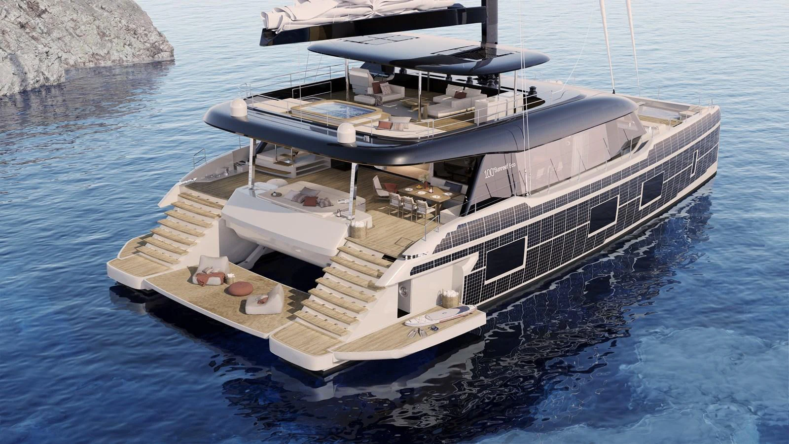 This luxurious yacht features an expansive aft deck with multiple lounging areas and elegant design elements. aboard SUNREEF 100 NEXT Yacht for Sale
