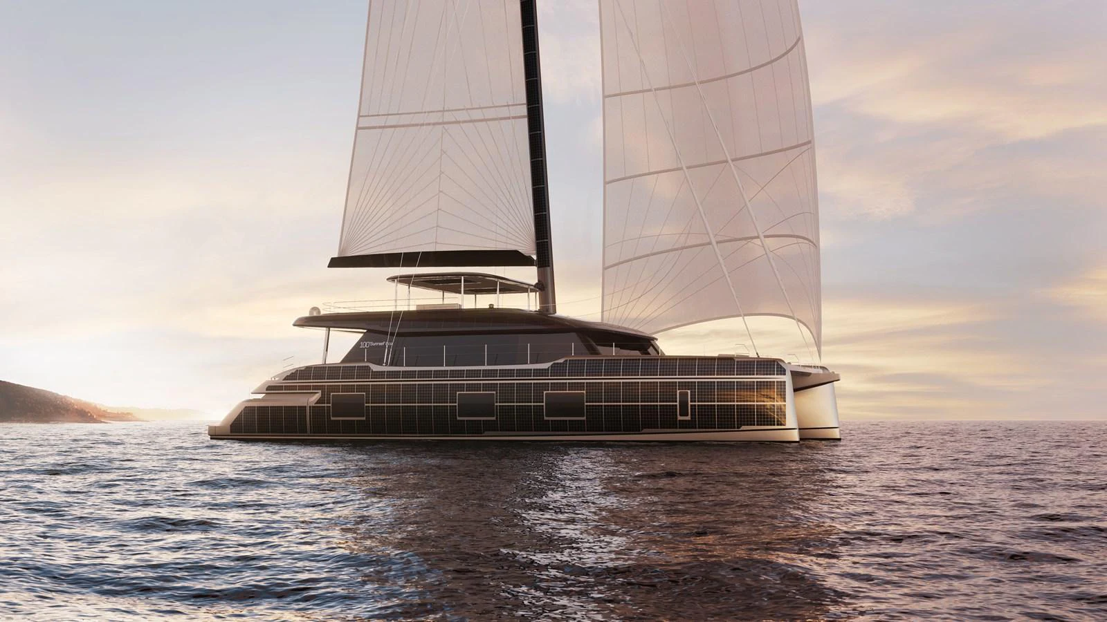 A sleek and modern sailing yacht glides gracefully on calm waters at sunset. aboard SUNREEF 100 NEXT Yacht for Sale