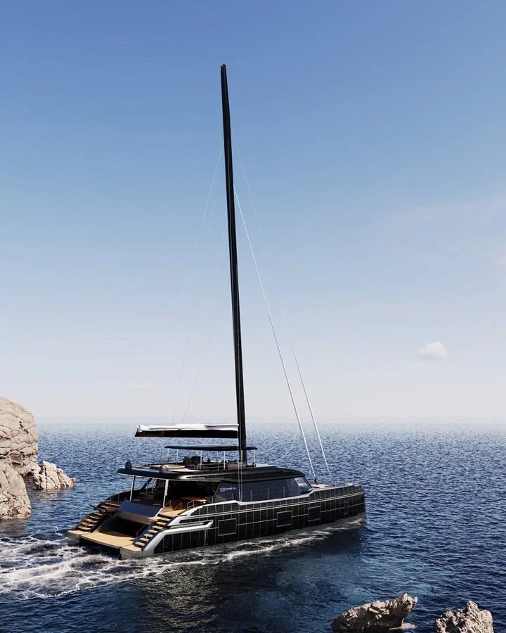 A sleek, modern yacht sails gracefully on the open sea near rocky cliffs. aboard SUNREEF 100 NEXT Yacht for Sale