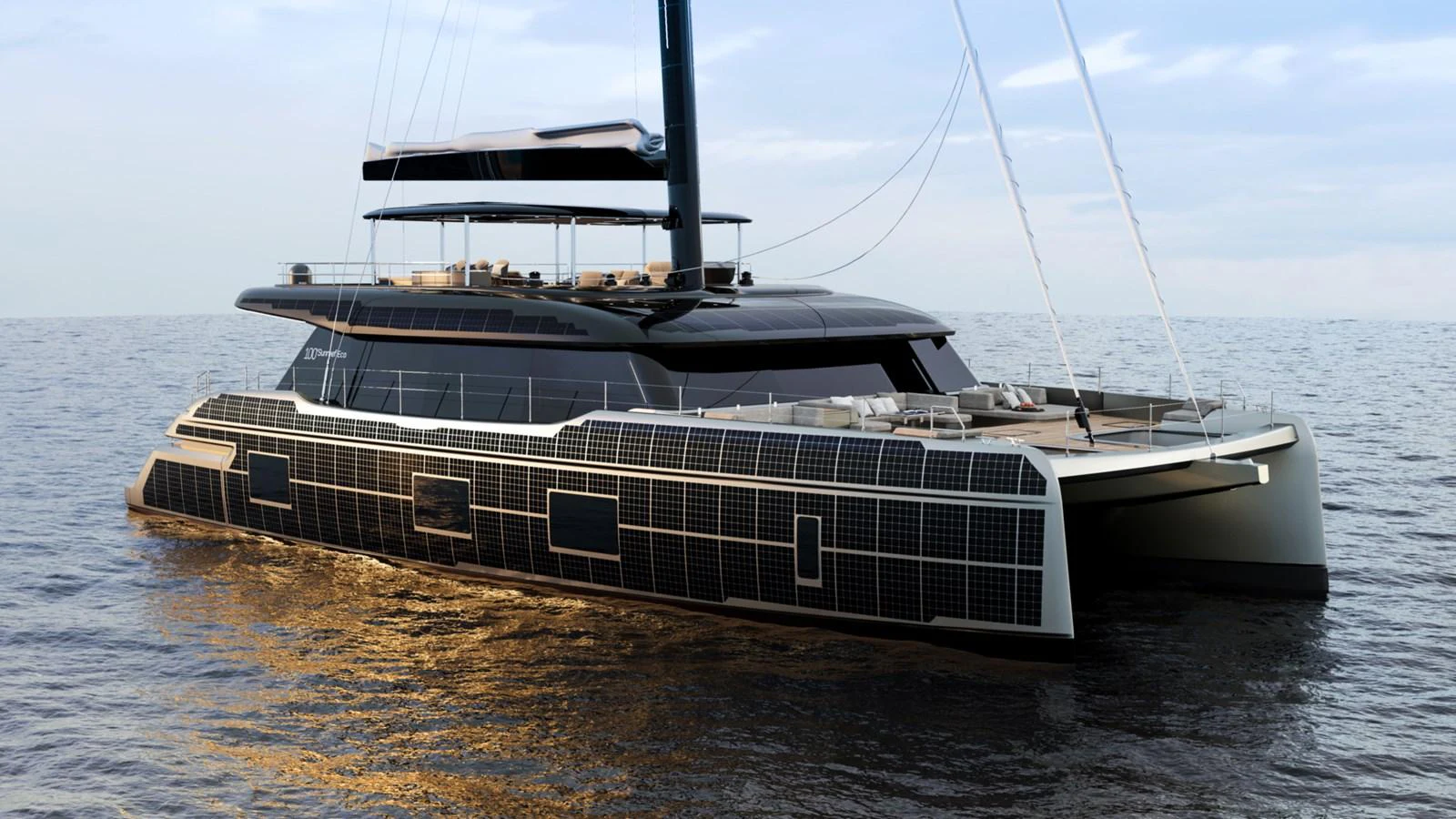 A sleek and modern yacht with solar panels gliding on the open water. aboard SUNREEF 100 NEXT Yacht for Sale