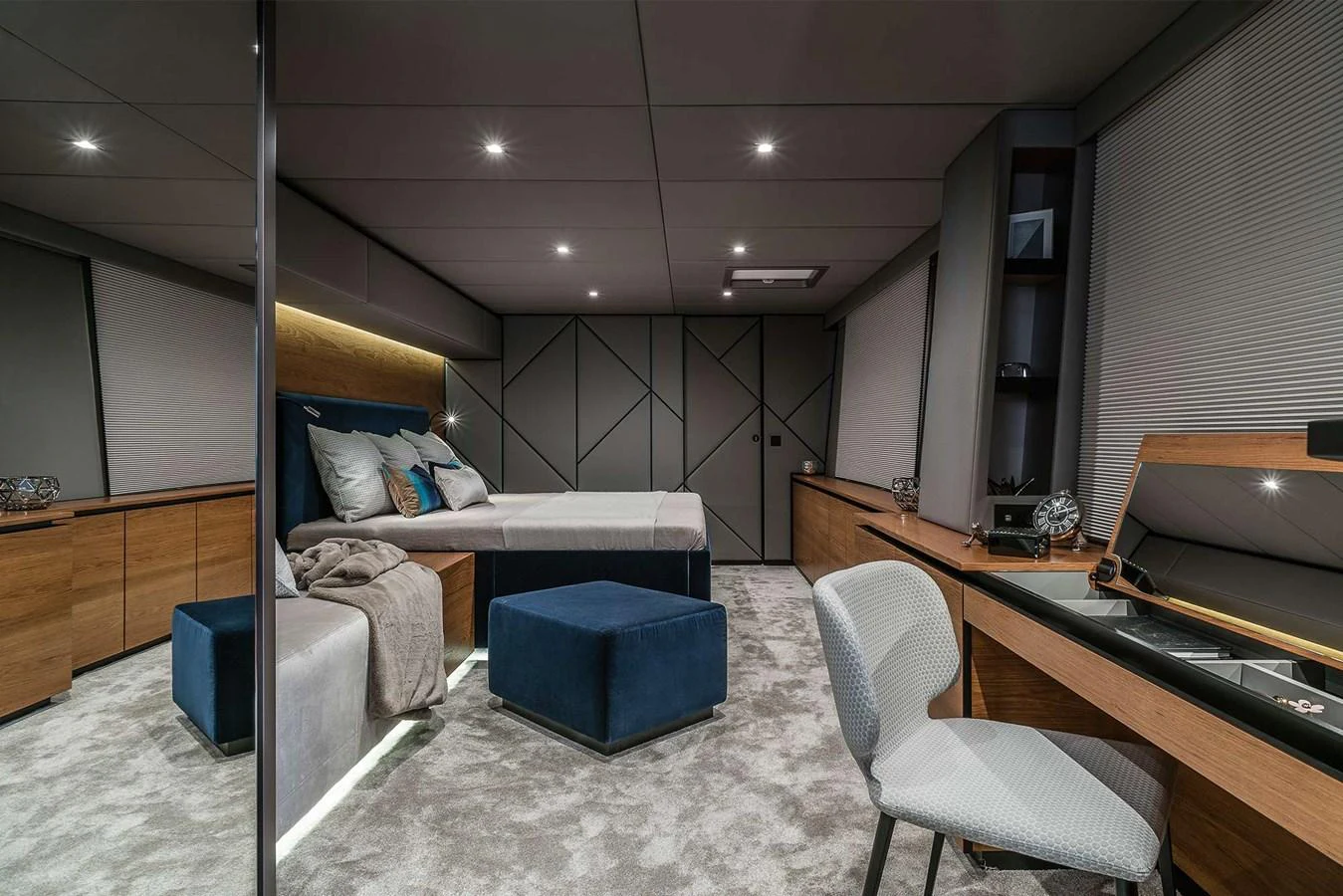 The stateroom features modern design elements with luxurious furnishings and ample lighting. aboard SUNREEF 80 NEXT Yacht for Sale
