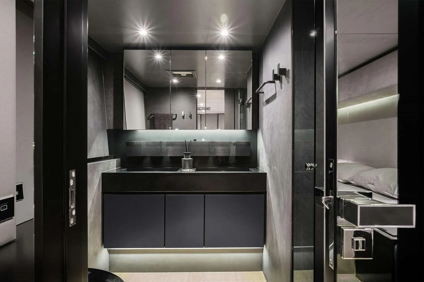 A sleek and modern bathroom with a minimalist design and high-end fixtures. aboard SUNREEF 80 NEXT Yacht for Sale