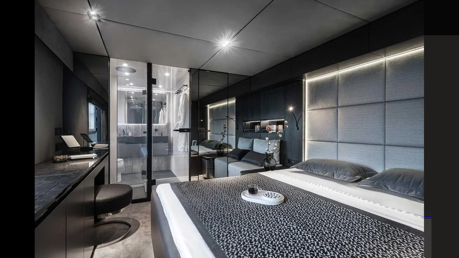 The master stateroom features modern design with luxurious amenities and ample space. aboard 70 SUNREEF POWER NEXT Yacht for Sale