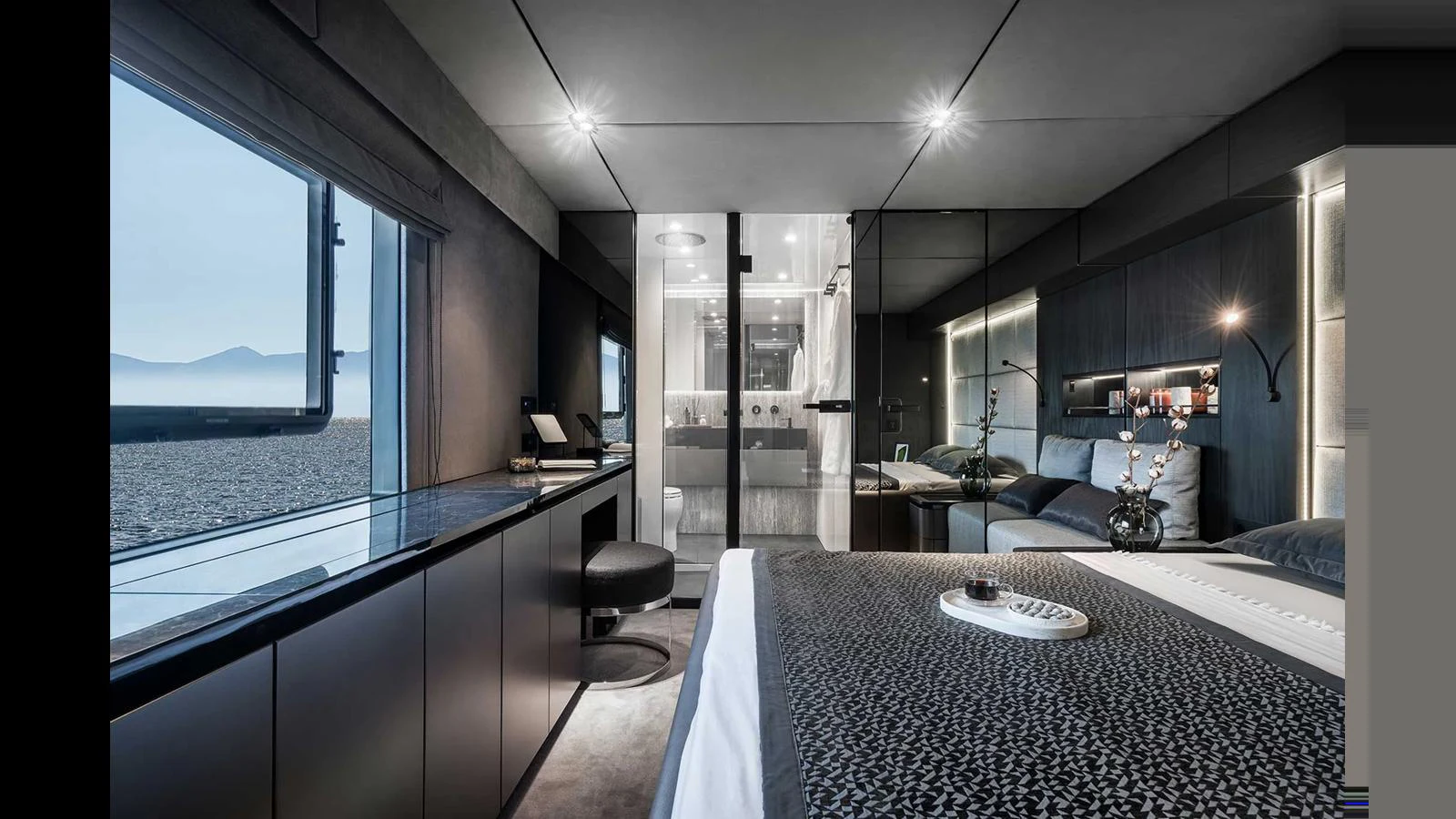 The master stateroom offers a luxurious and modern retreat with panoramic views and sophisticated design. aboard 70 SUNREEF POWER NEXT Yacht for Sale