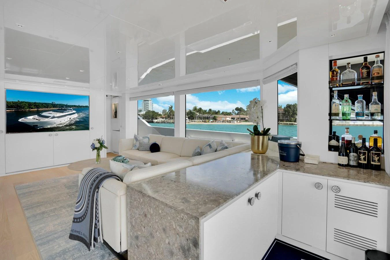 a large kitchen with a large window aboard SWEET VIRGINIA Yacht for Sale