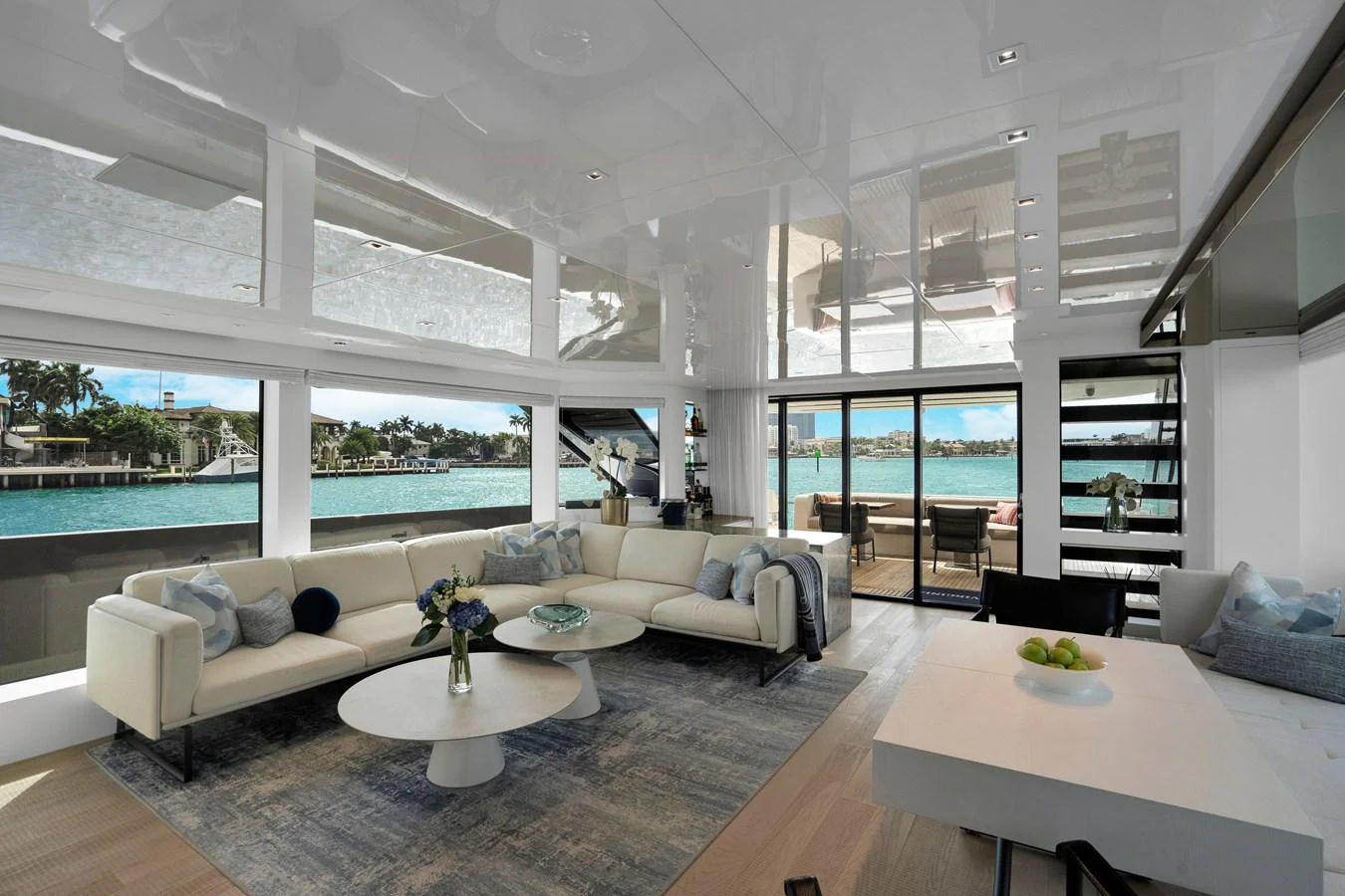 a living room with a large window aboard SWEET VIRGINIA Yacht for Sale