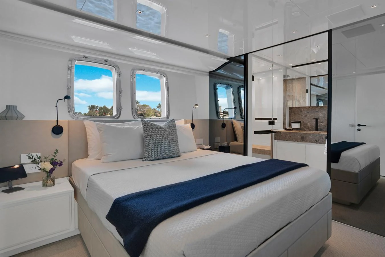 a bed in a room aboard SWEET VIRGINIA Yacht for Sale