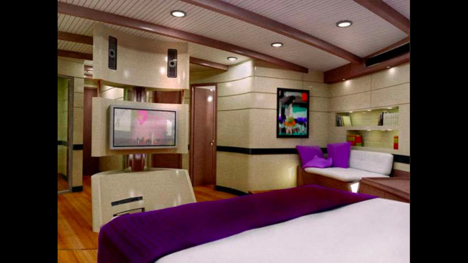 a room with a bed and a tv aboard AGICA Yacht for Sale