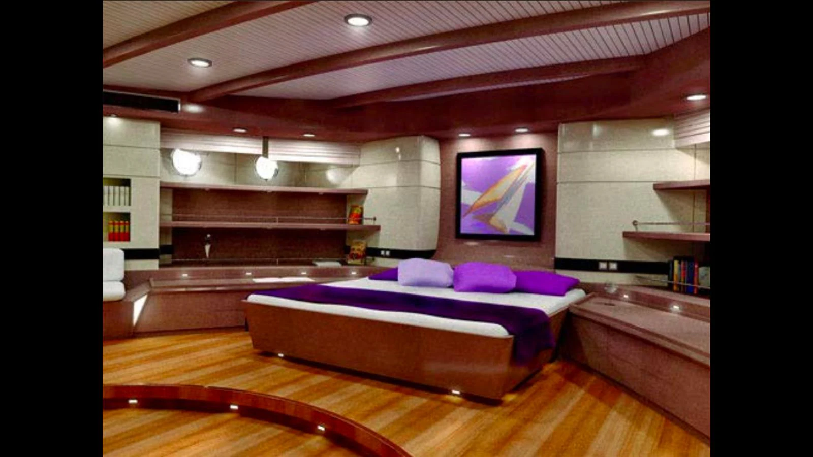 a room with a large bed and a large mirror aboard AGICA Yacht for Sale