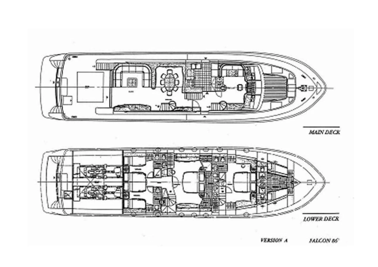 This image showcases the detailed deck plans of a yacht, highlighting the layout of both the main and lower decks. aboard SIKOY Yacht for Sale