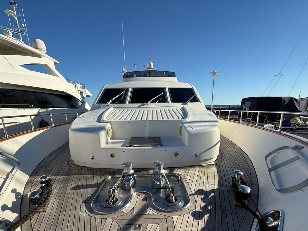 The bow of the yacht features a spacious deck with polished fittings and a sleek design. aboard SIKOY Yacht for Sale