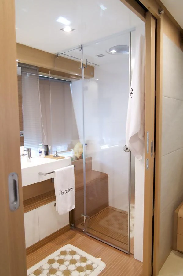 a bathroom with a shower unit aboard ANTONINA Yacht for Sale
