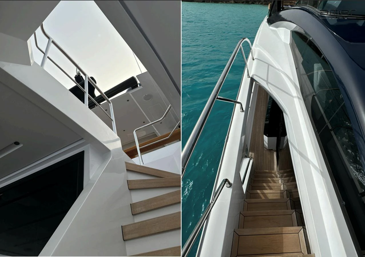 The image showcases the elegant staircases on the yacht, leading to different levels with sleek design and wooden steps. aboard ALTUS Yacht for Sale
