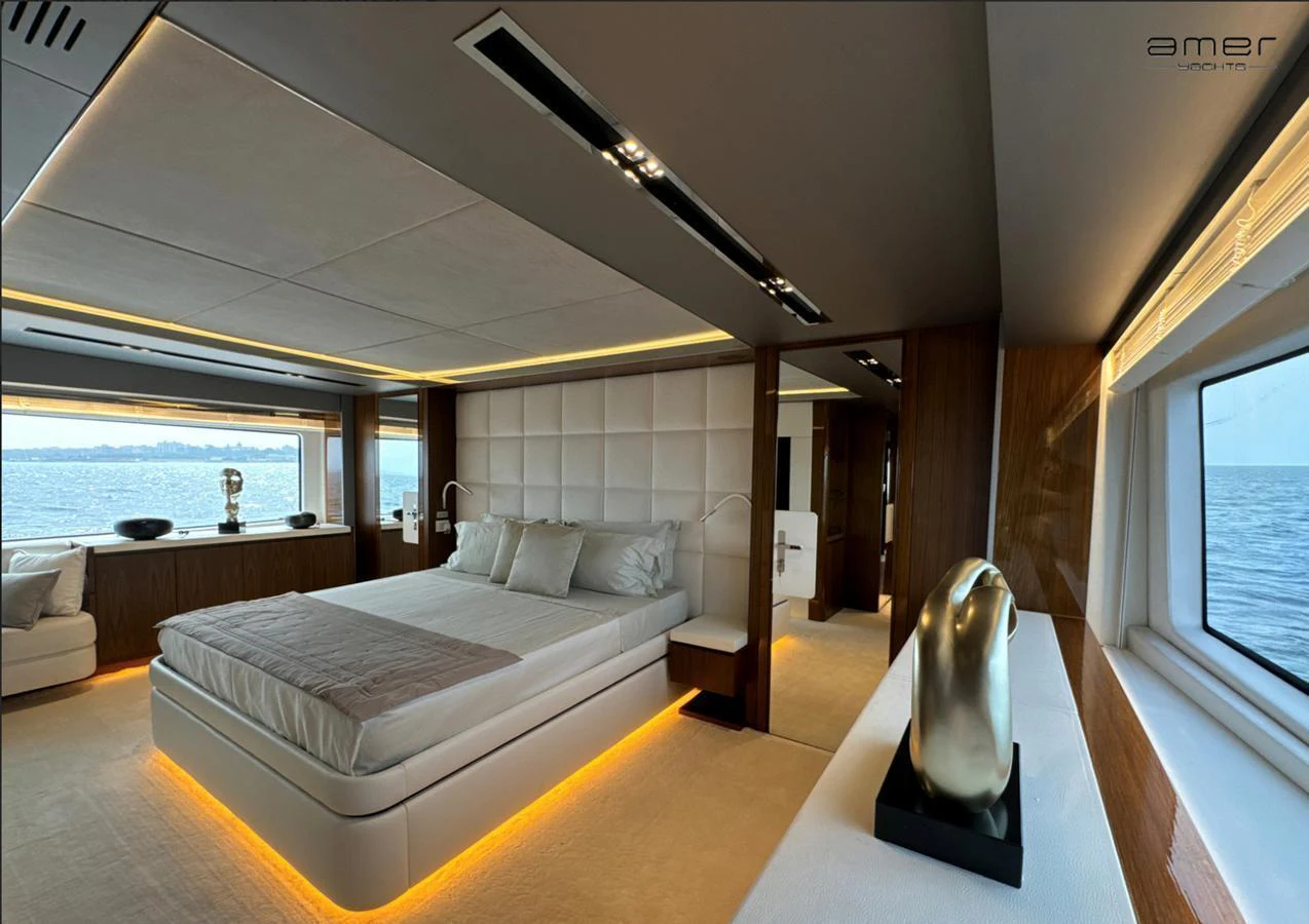 The master stateroom offers a luxurious and serene retreat with panoramic ocean views. aboard ALTUS Yacht for Sale