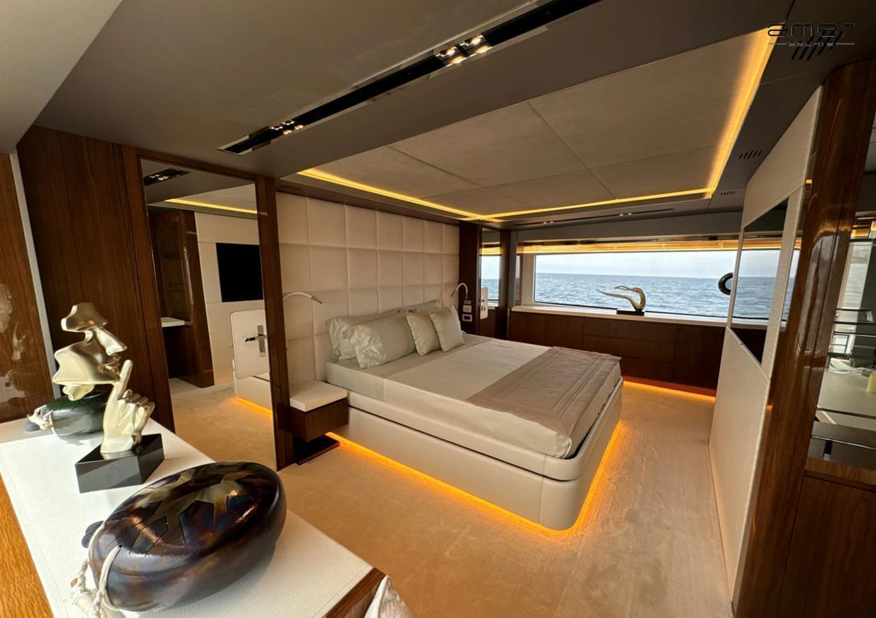 The master stateroom offers a luxurious and spacious retreat with elegant decor and stunning sea views. aboard ALTUS Yacht for Sale