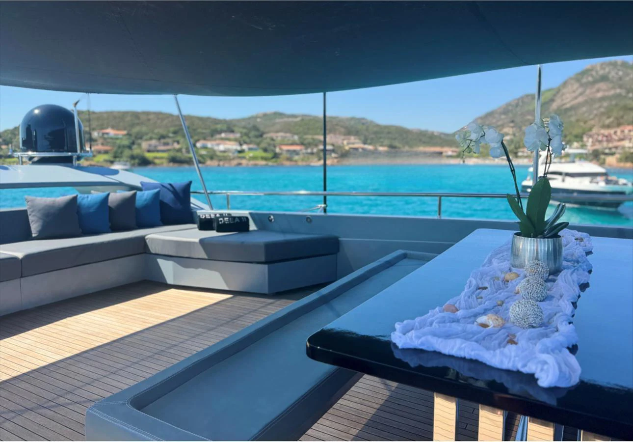 The flybridge offers a luxurious lounging area with stunning views of the surrounding waters. aboard DEEA II Yacht for Sale