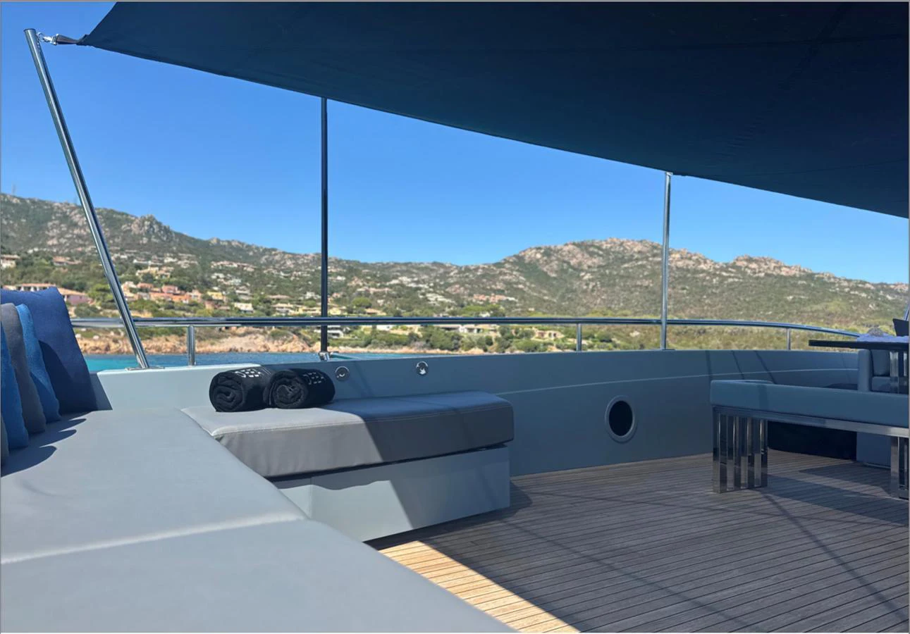 The flybridge offers a spacious and shaded area with comfortable seating and stunning views. aboard DEEA II Yacht for Sale