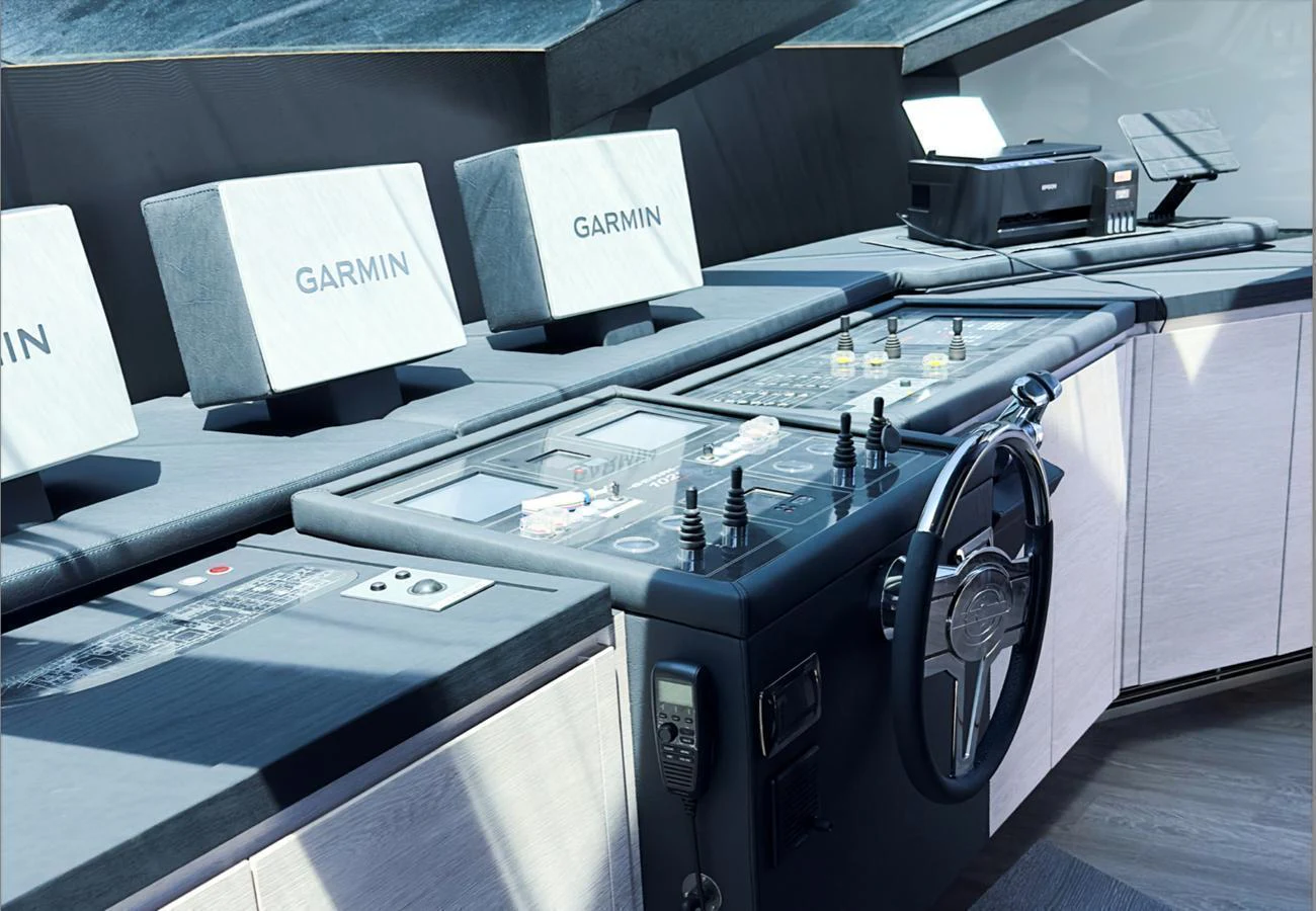 The helm station features advanced navigation equipment and sleek controls. aboard DEEA II Yacht for Sale