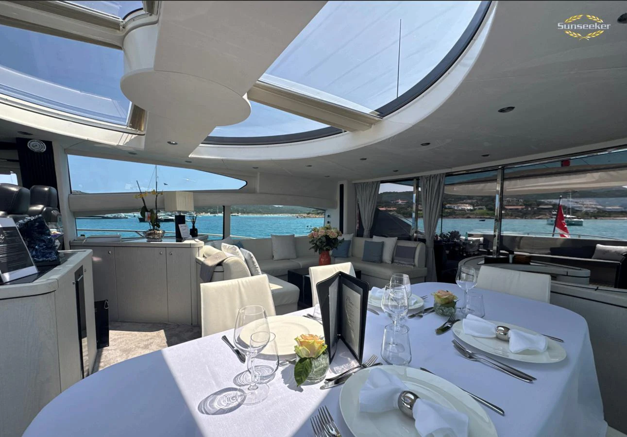a room with tables and chairs aboard LIGHT BLUE Yacht for Sale
