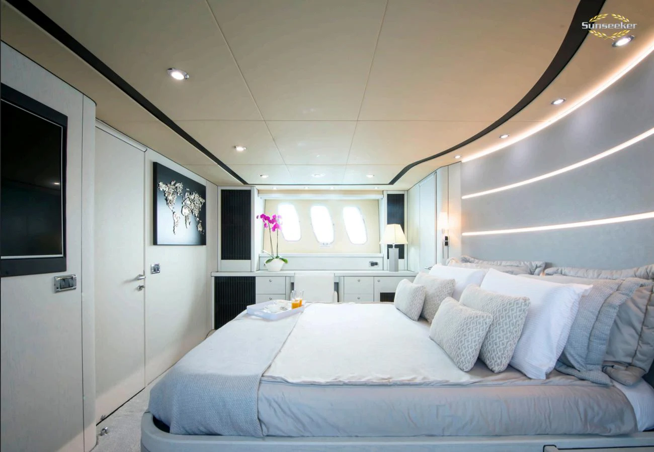 a bed in a room aboard LIGHT BLUE Yacht for Sale