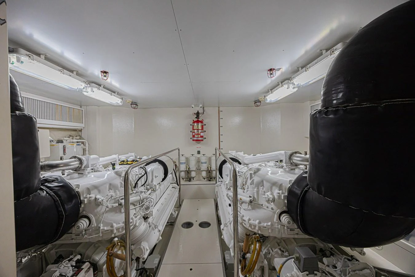 The engine room showcases powerful and meticulously maintained machinery. aboard NORAL Yacht for Sale