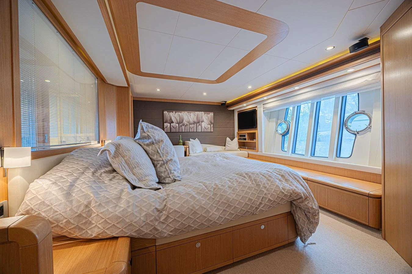 The master stateroom offers a spacious and luxurious retreat with elegant decor and ample natural light. aboard NORAL Yacht for Sale
