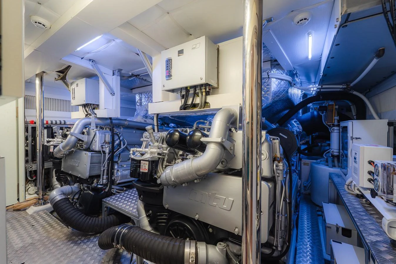 The engine room showcases powerful machinery and a well-organized layout. aboard NOVA Yacht for Sale