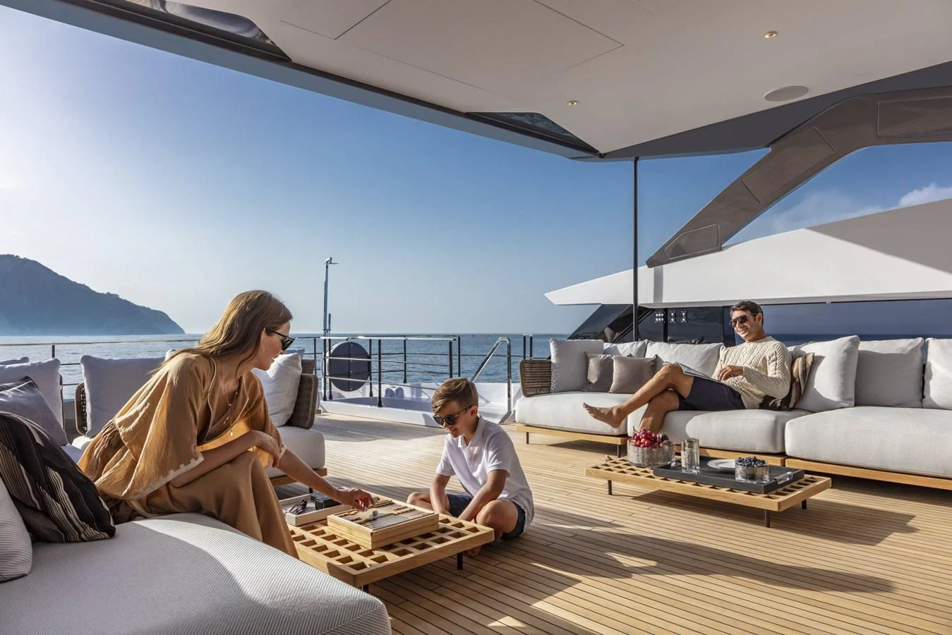 The aft deck offers a luxurious and spacious area for relaxation and socializing with stunning sea views. aboard CUSTOM LINE SAETTA 128/02 Yacht for Sale