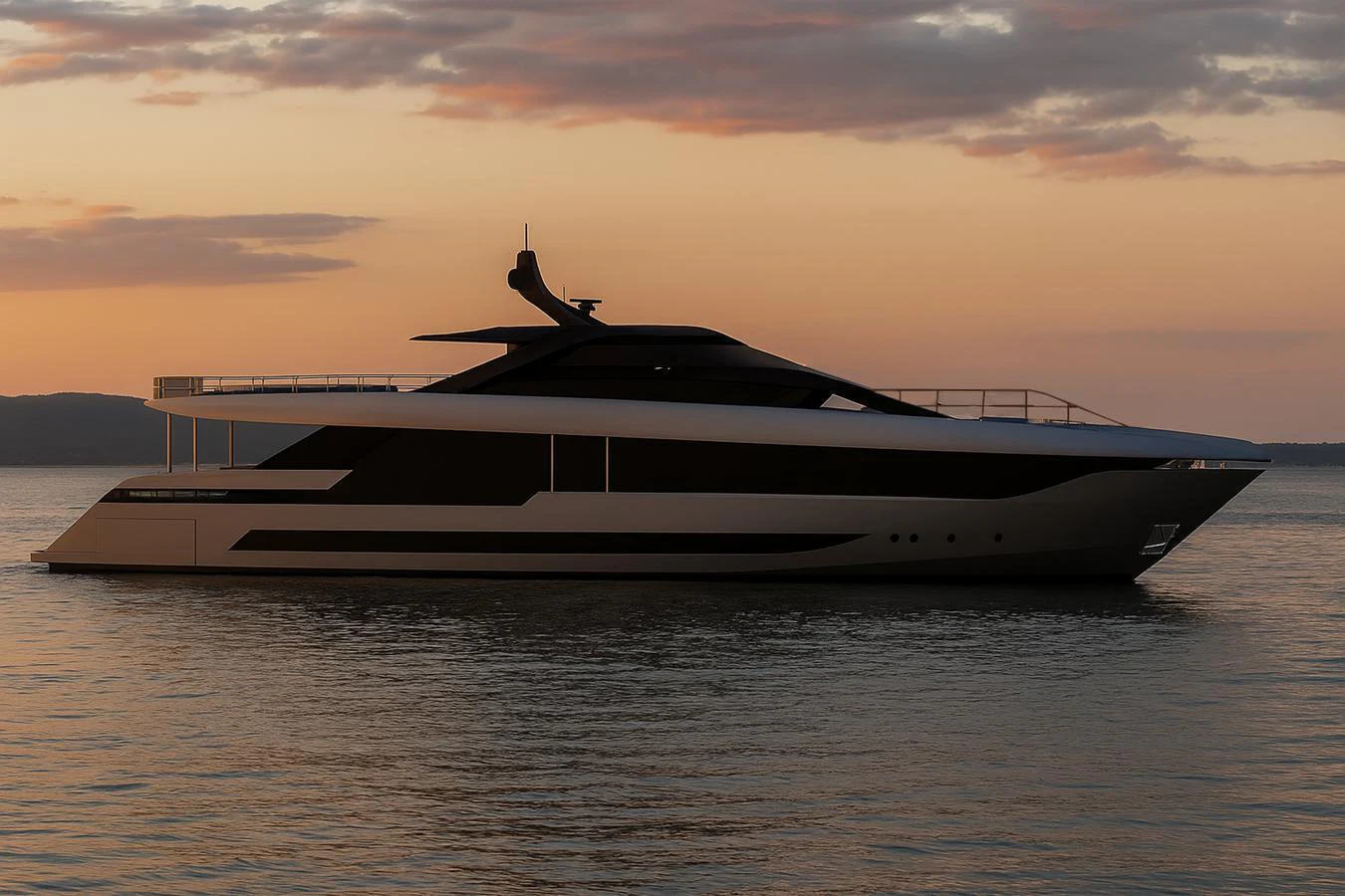 A sleek and modern yacht is silhouetted against a serene sunset on calm waters. aboard AMER F126 Yacht for Sale