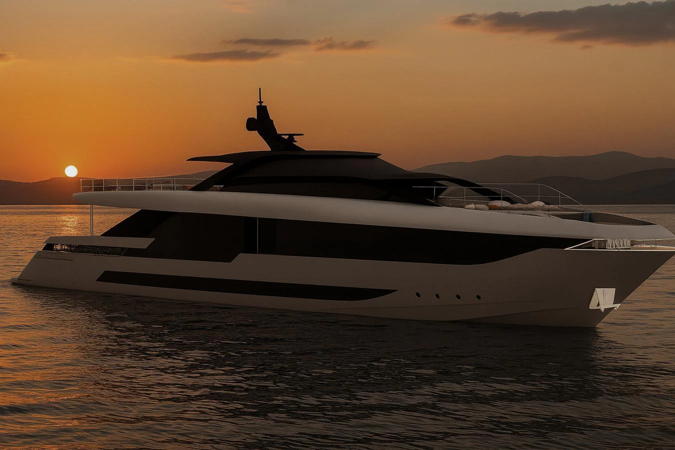 A sleek, modern yacht glides through calm waters at sunset, showcasing its elegant design. aboard AMER F126 Yacht for Sale