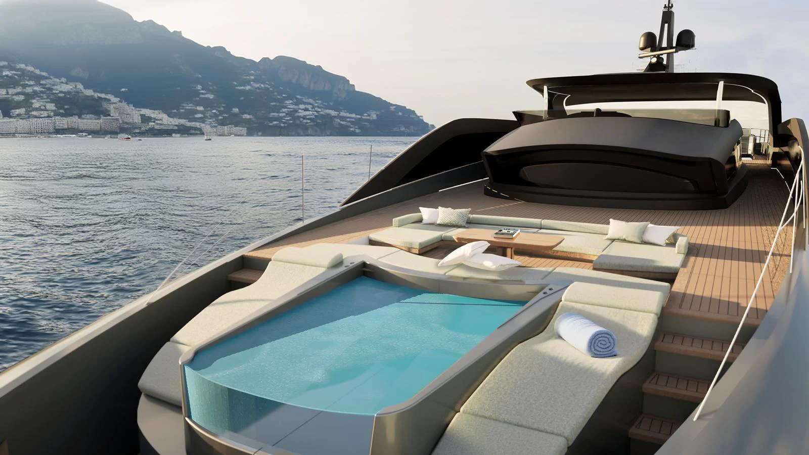 The sundeck features a luxurious pool with comfortable lounging areas overlooking scenic coastal views. aboard AMER F126 Yacht for Sale