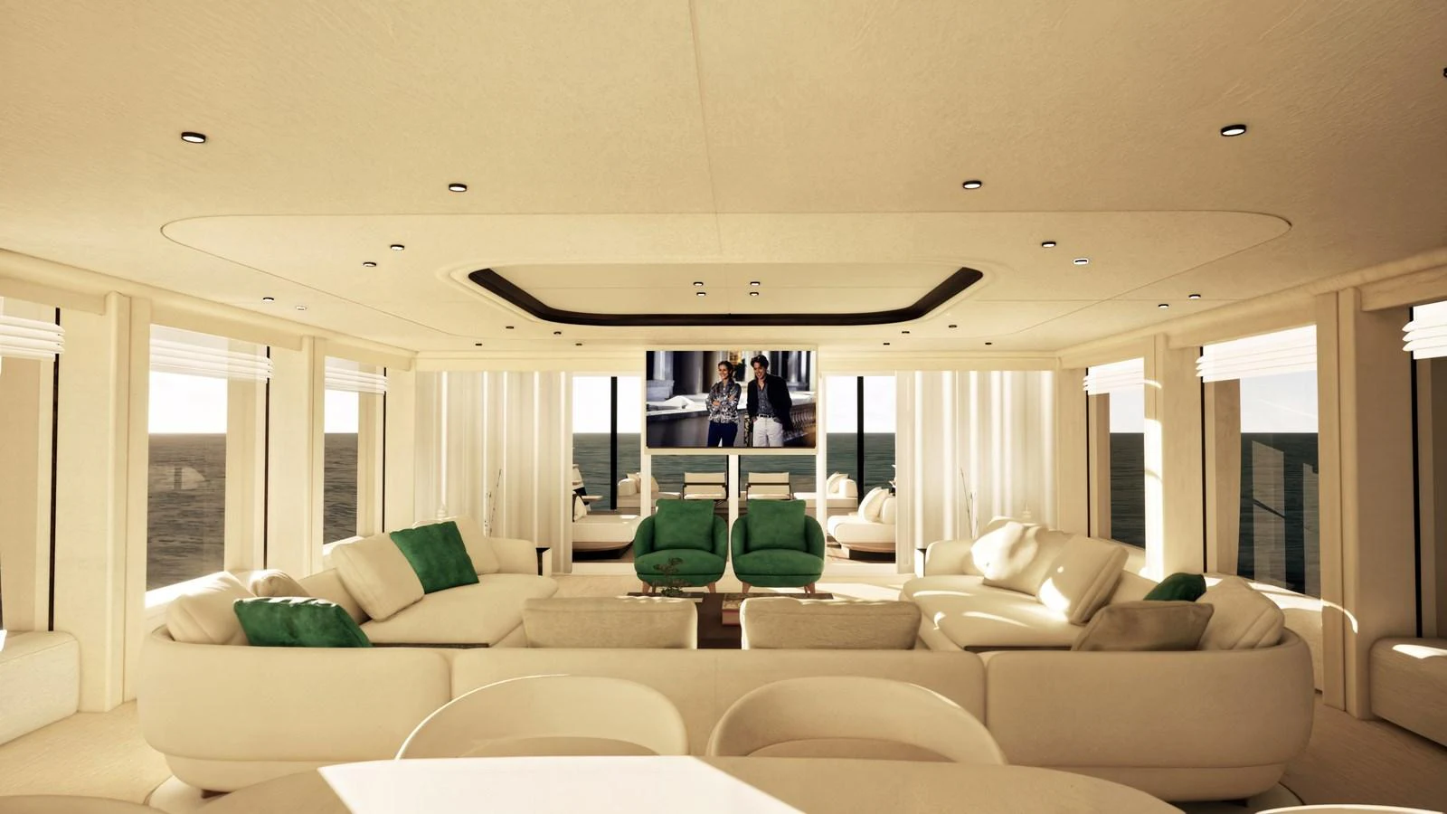 The spacious salon features luxurious seating and a large flat-screen TV, creating an inviting atmosphere for relaxation and entertainment. aboard AMER F126 Yacht for Sale