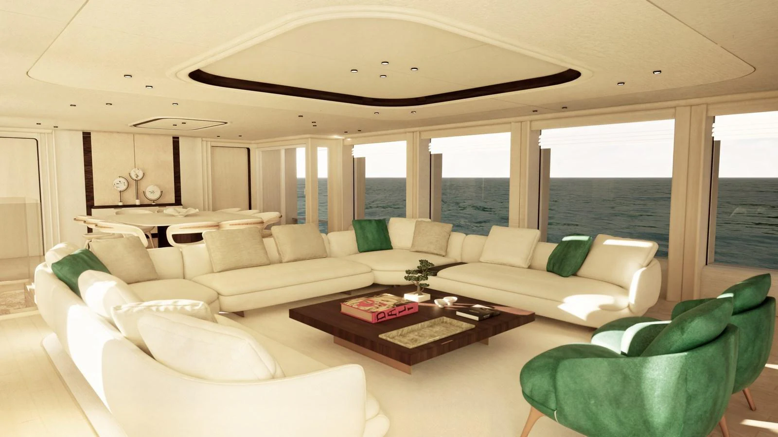 The salon features plush seating with panoramic ocean views, creating a serene and inviting atmosphere. aboard AMER F126 Yacht for Sale