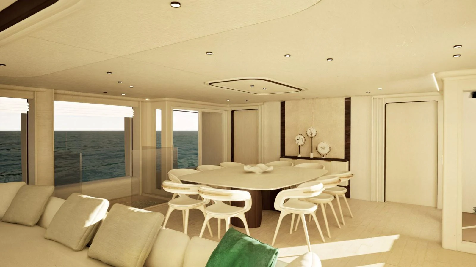The yacht's dining area features a modern, elegant design with ample natural light and ocean views. aboard AMER F126 Yacht for Sale