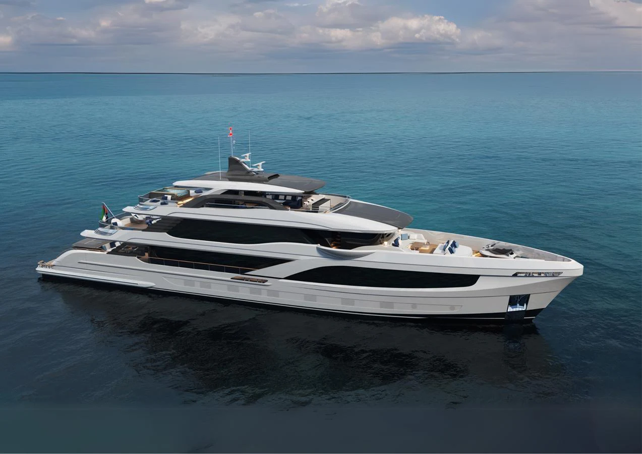 A sleek and modern yacht glides gracefully on calm waters under a partly cloudy sky. aboard MAJESTY 145 Yacht for Sale