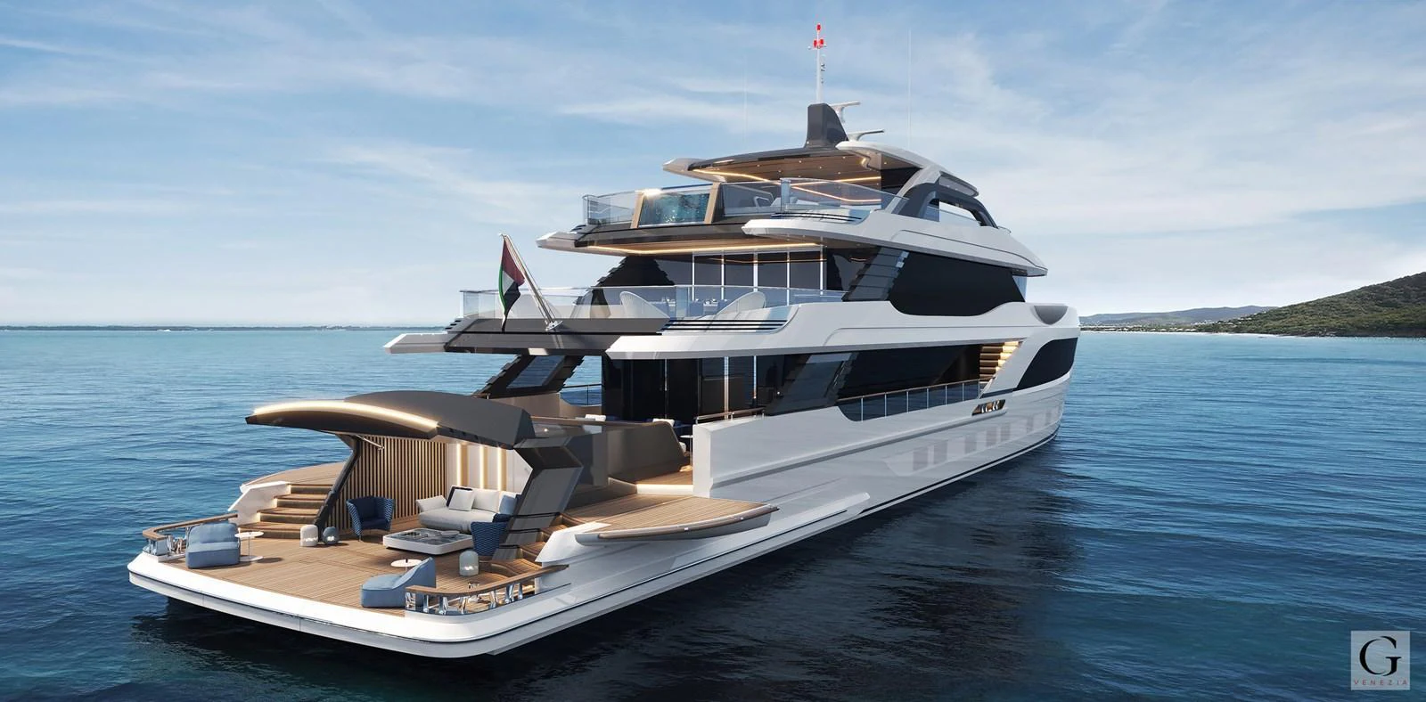 A luxurious yacht glides gracefully on calm waters, showcasing its sleek design and spacious decks. aboard MAJESTY 145 Yacht for Sale