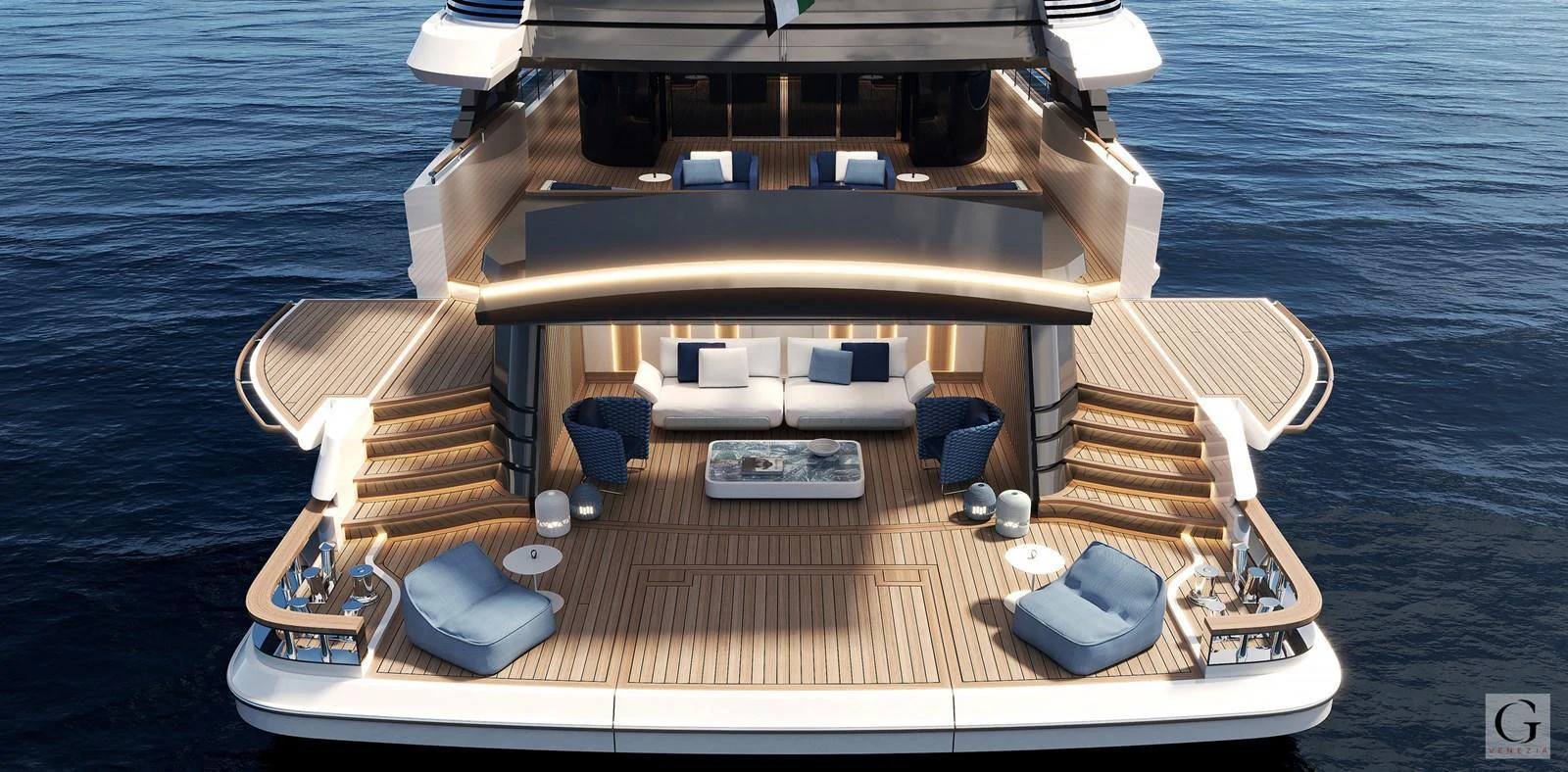 The yacht's aft deck features luxurious seating and lounging areas with a stunning view of the water. aboard MAJESTY 145 Yacht for Sale