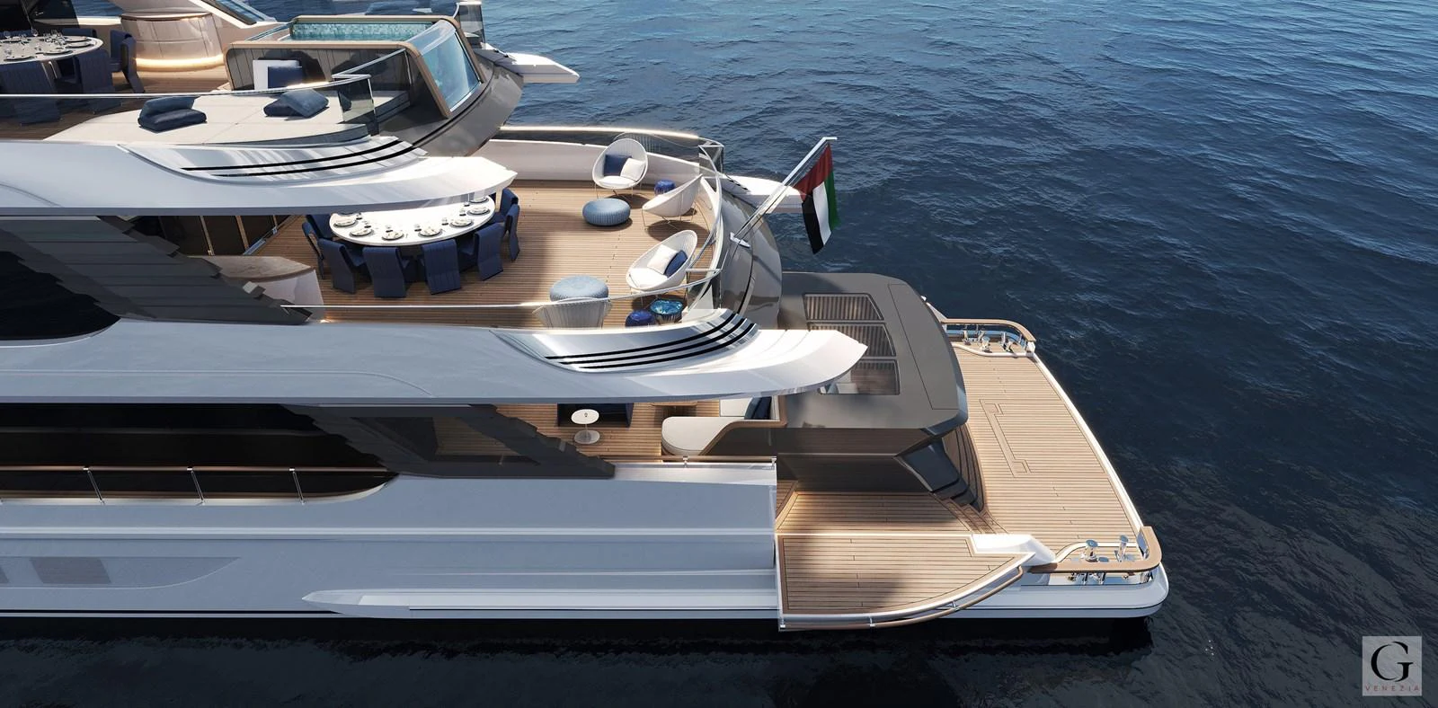 The yacht's aft deck features luxurious outdoor seating and dining areas with a sleek design. aboard MAJESTY 145 Yacht for Sale