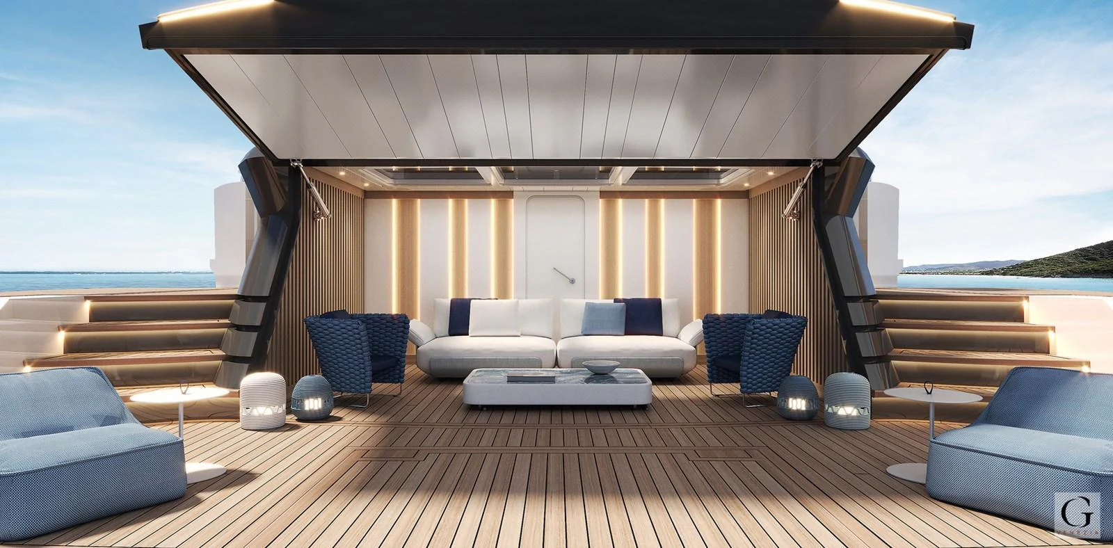 The aft deck features a luxurious seating area with modern furnishings and ample space for relaxation. aboard MAJESTY 145 Yacht for Sale