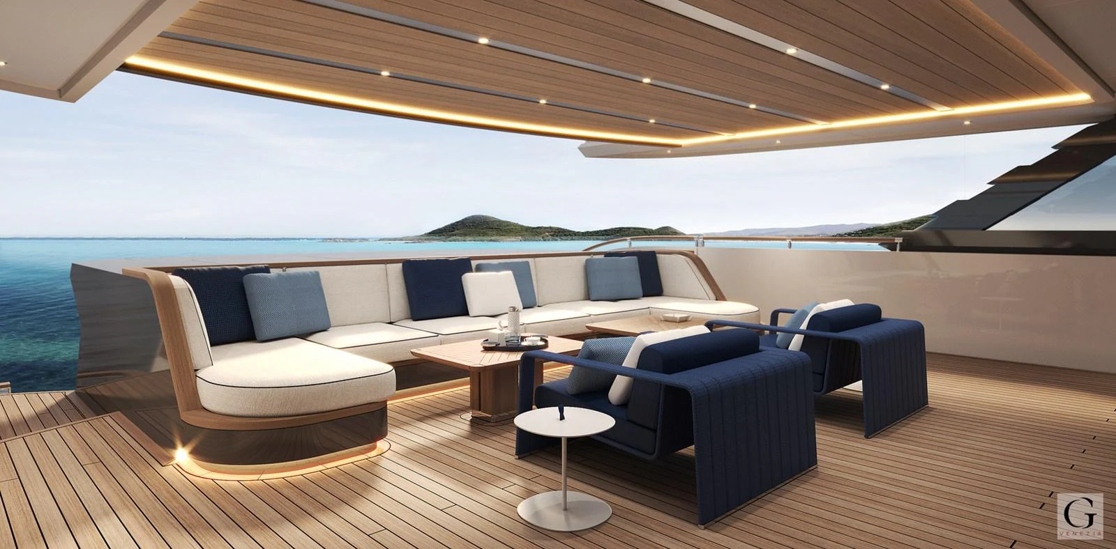 The aft deck features a luxurious seating area with plush cushions and a stunning ocean view. aboard MAJESTY 145 Yacht for Sale