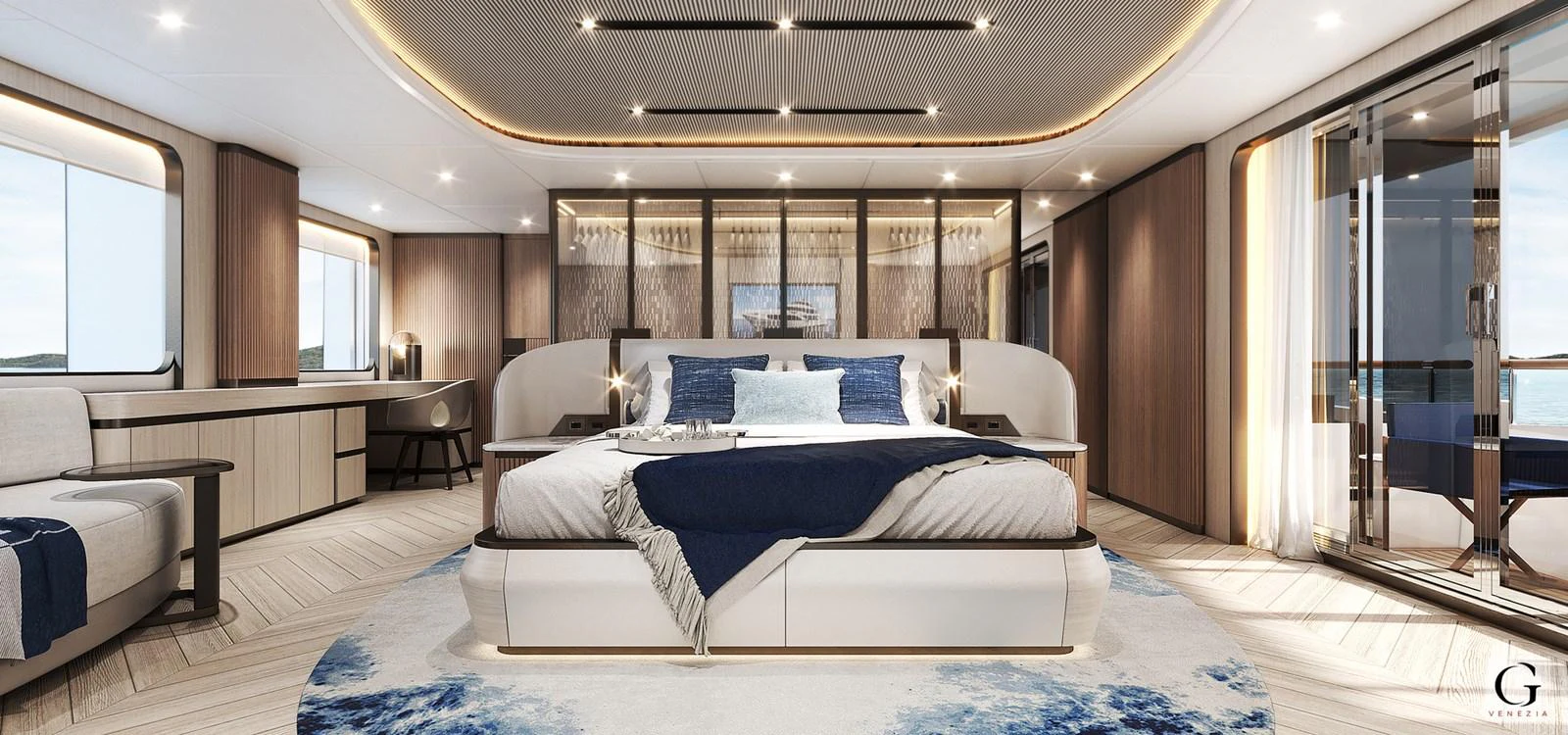 The master stateroom features a luxurious bed with elegant decor and ample natural light. aboard MAJESTY 145 Yacht for Sale