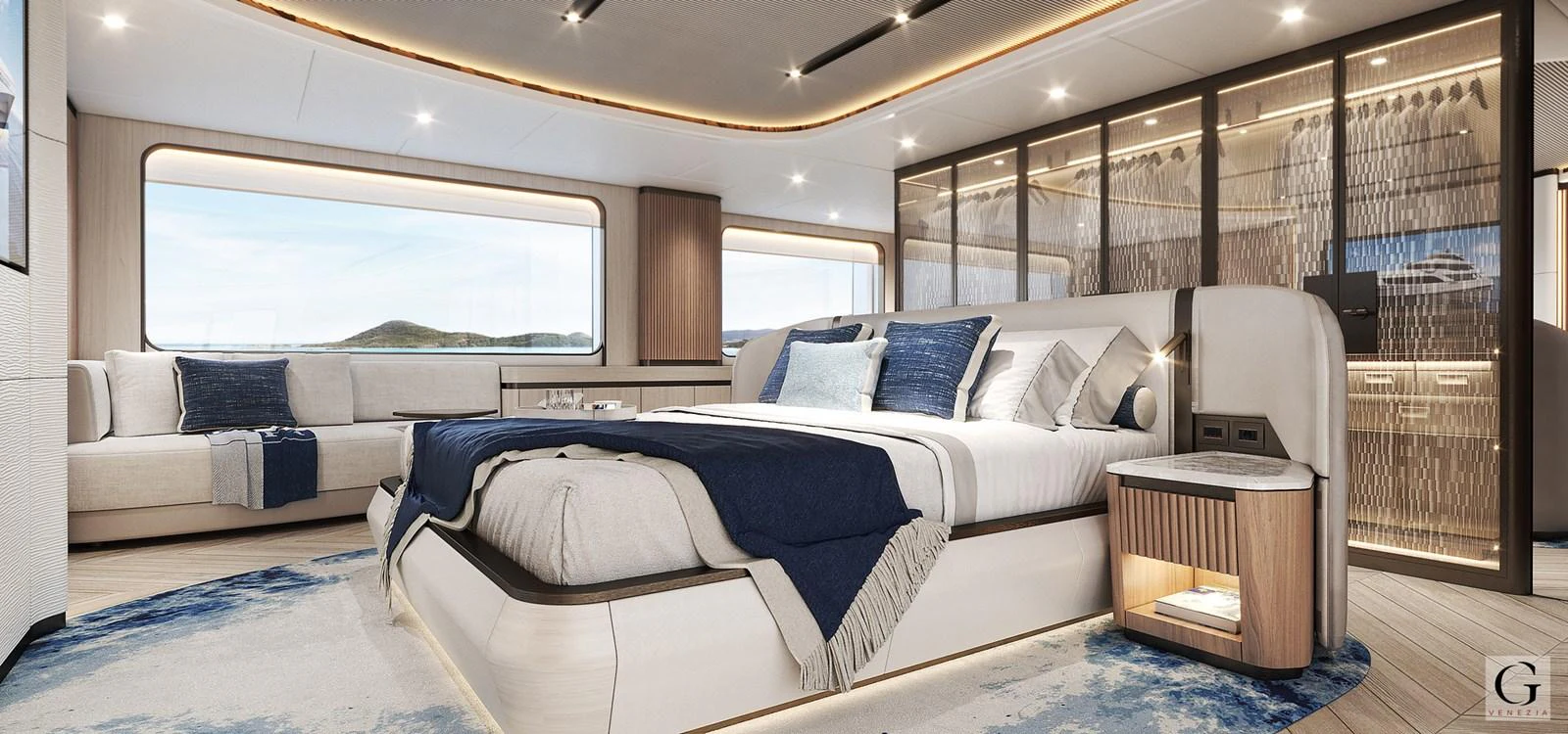 The master stateroom boasts a luxurious and spacious design with elegant furnishings and panoramic windows. aboard MAJESTY 145 Yacht for Sale