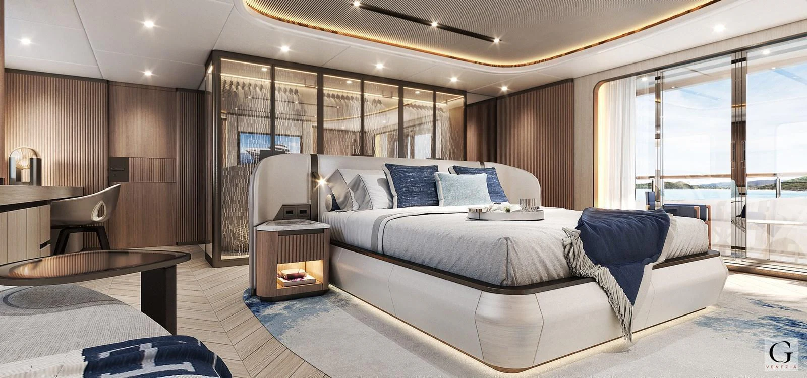 The master stateroom exudes luxury with its spacious layout, modern furnishings, and panoramic views. aboard MAJESTY 145 Yacht for Sale