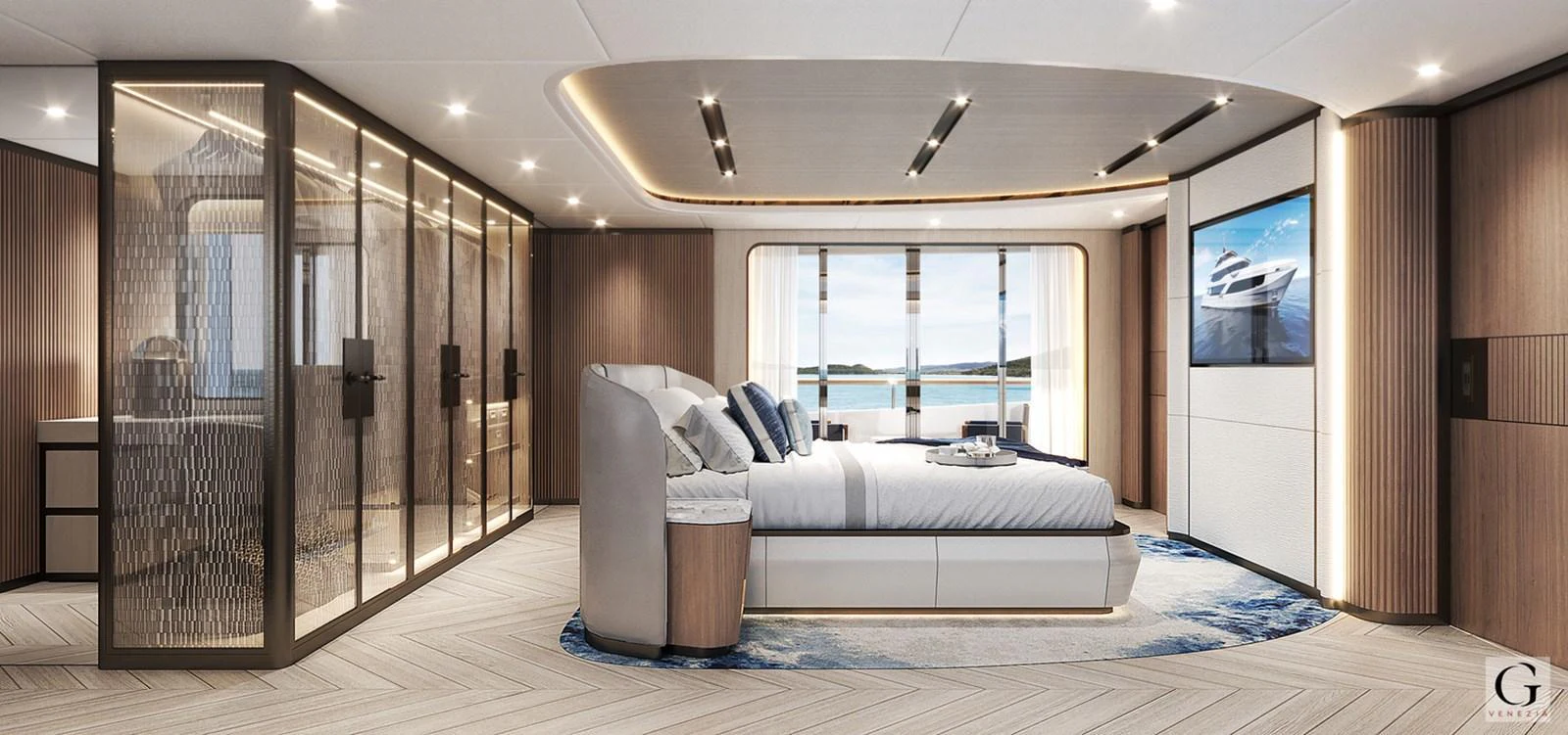 The master stateroom features a luxurious bed, large windows with a sea view, and elegant decor. aboard MAJESTY 145 Yacht for Sale