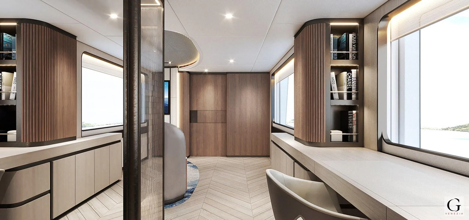 The yacht's interior features a modern and spacious design with ample natural light and elegant wood finishes. aboard MAJESTY 145 Yacht for Sale